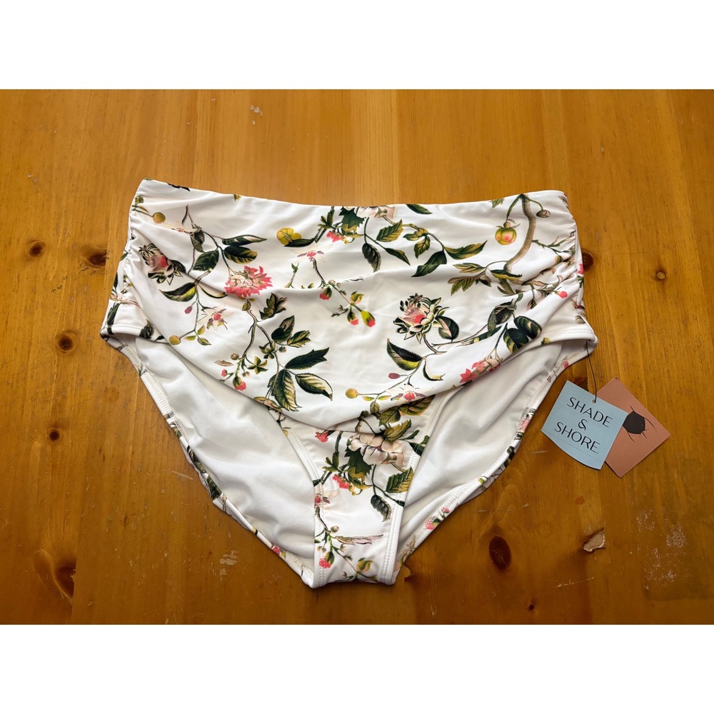 Shade & Shore White Floral High Waist Bikini Bottom XL 16 Ruched Swimwear NWT